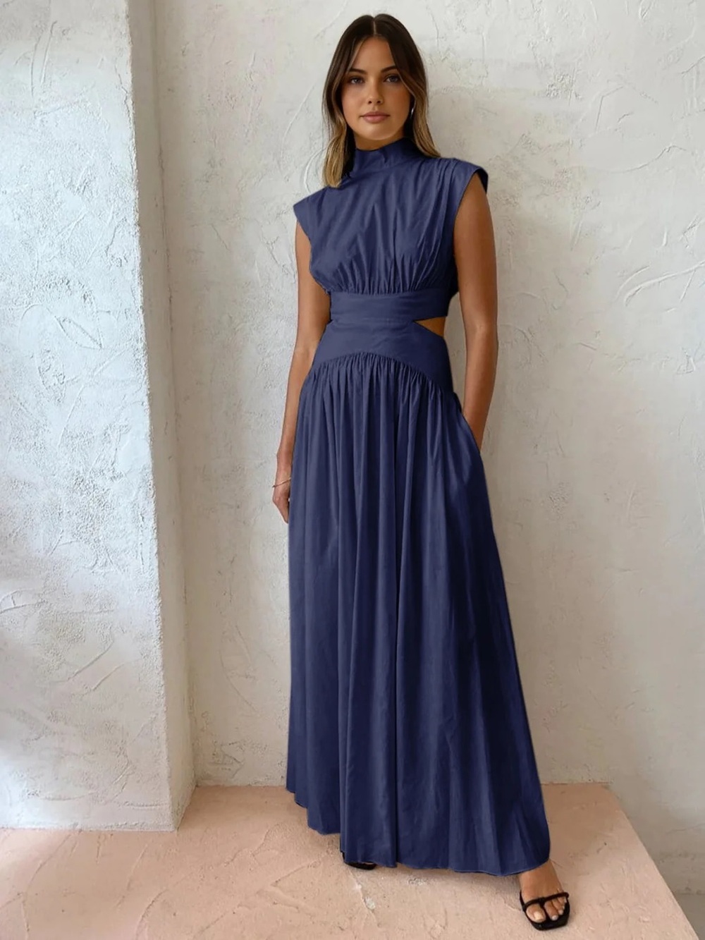 COMMENSE Mock Neck Cut Out Maxi Dress - Navy Blue Size S